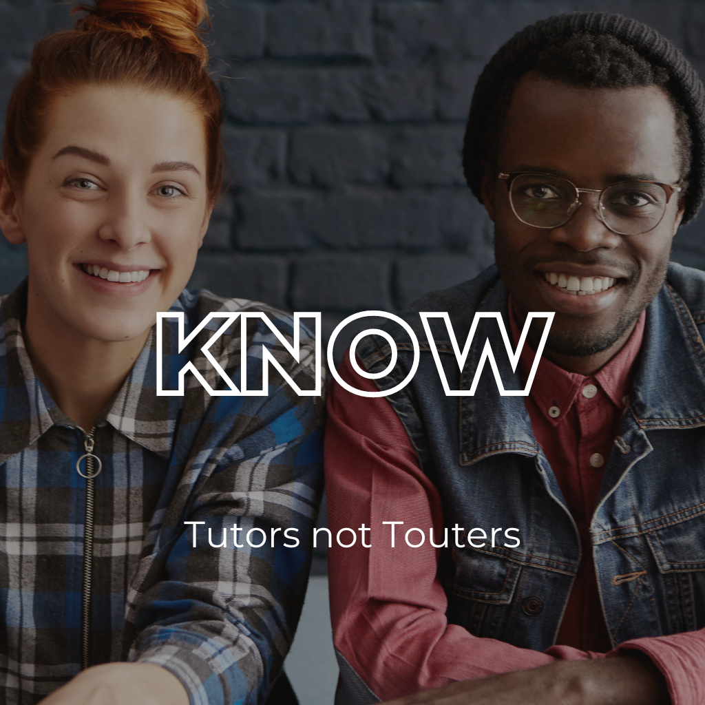 Two people sitting beside each other with the word "know"