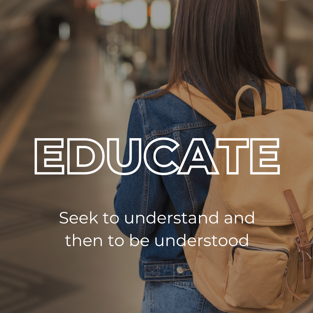Backpacking lady with the word "educate"